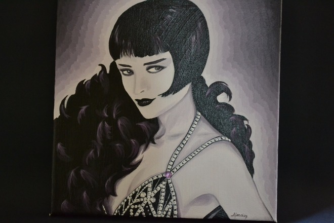 Tableau acrylique femme des années 20 au boa de plumes - Creachic