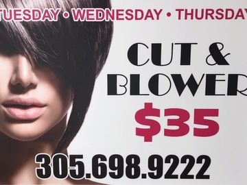 Anuncio: Blow dry and hair cut Tuesday/Wednesday starting at $35