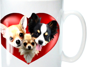 Selling: Chihuahua Mug,  shows 3 cute Chihuahuas in a Rich Red Heart