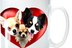 Selling: Chihuahua Mug,  shows 3 cute Chihuahuas in a Rich Red Heart