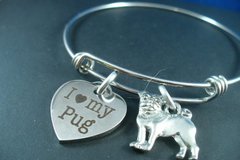 Selling: I  Love My Pug, Stainless Steel Silver Bangle Bracelet