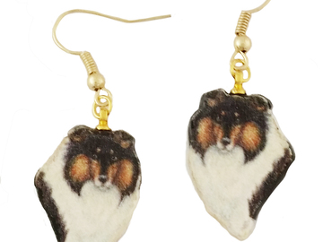Selling: Shetland Sheepdog, Tri-Color, Gold Dangle Earrings