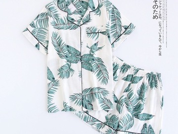 Vente avec paiement en ligne: Vert feuille de palmier imprimé Revere col pyjama ensemble été dé
