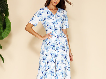 Vente avec paiement en ligne: élégant bleu imprimé Floral femmes robe d'été à manches courtes 