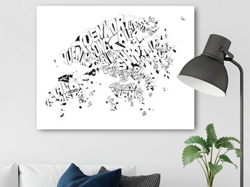  : Black & White Hong Kong Typography Map Print on A2 Canvas