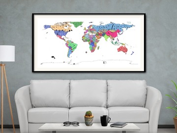  : Framed Colored Typo Map Print of The World on Fine Art Paper