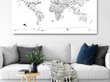  : Black & White Typography Map Print of The World on Canvas