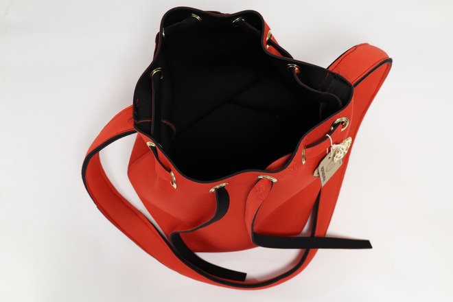 bucket bag with red interior
