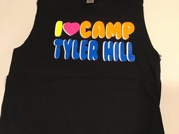 Selling multiple of the same items: “I HEART CAMP” neon bubble cut tank top