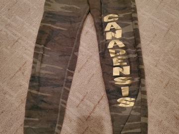 Selling A Singular Item: Adult XS Camo sweatpants with Canadensis in gold writing