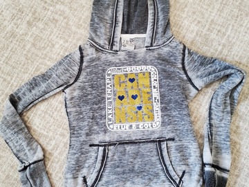 Selling A Singular Item: Adult XS hooded sweatshirt, grey with white, gold & blue writing