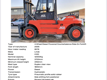 Weekly Equipment Rental: 12t Diesel Forklift