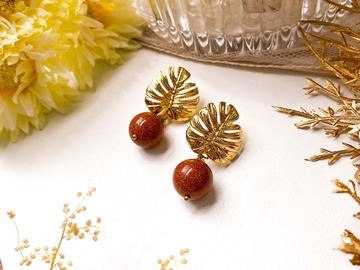  : Golden Monstera Goldstone Dangle Earrings