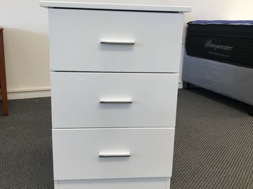For Sale: SOLID PINE BED SIDE TABLE WHITE -- 3 DRAWERS