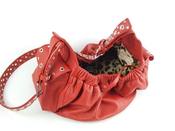 Selling: Jaxon Red Leather Sling Dog Carrier with Leopard Lining-Size Med