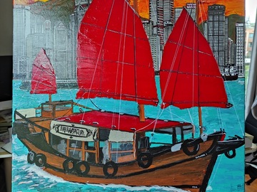  : Acrylic Painting "Hong Kong Skyline and Junk boat"