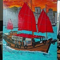  : Acrylic Painting "Hong Kong Skyline and Junk boat"