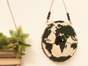  : Hand painted globe wood slice clock