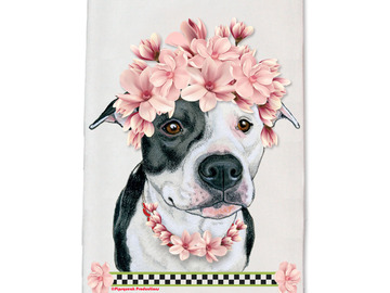 Selling: Pit Bull Black & White Pit Dog Floral Kitchen Dish Towel Pet Gift