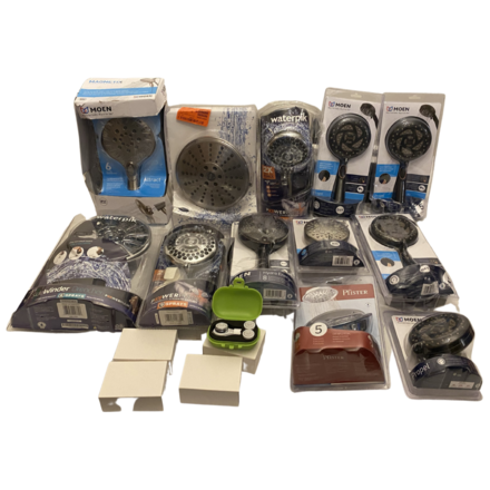 Home Depot, lot of shower heads. Moen, Waterpik