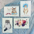  : Cat/kitty watercolour postcard set