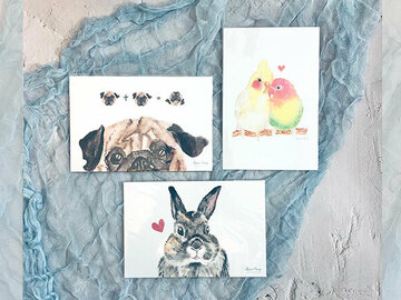  : Pug, bunny and love bird watercolour postcard set