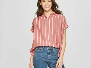 Comprar ahora: Women's Banded Striped Short Sleeve Woven Shirt M- Retail $2150