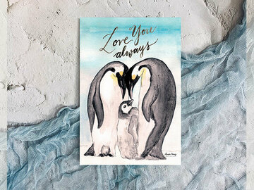  : Winter watercolour Emperor Penguin we love you post card