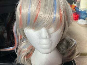 Selling with online payment: Silver wig with red & blue streaks & braid