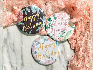  : Watercolour illustrated Happy Birthday and Thank you pins set
