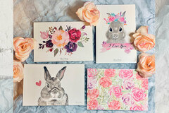  : Easter watercolour bunny rabbit flowers postcard set (4 pcs)