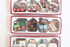 Liquidation/Wholesale Lot: 15 boxes of small train Christmas ornaments in wooden box