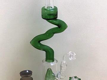  : 16" Double Zong, Thick Glass Water Rig with Quartz Banger, Slide 