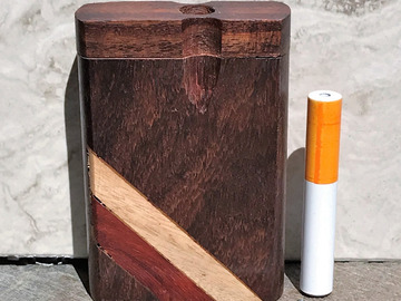 Post Now: 3" Natural Dark Wood Stash Box with Two Tone Angle Stripes, Metal