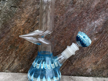 Post Now: 8" Beaker Zong Bong with Decorative Teal Design w/Matching 14mm M