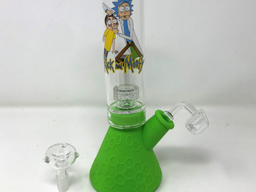  : Green Silicone & Glass Beaker Bong Shower Perc Rick & Morty Desig