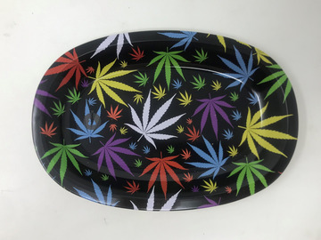 Post Now: Oval Metal Tray 8"x 6" with Colorful Marijuana Leaves