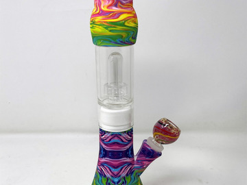 Post Now: 12.5" Silicone & Glass Bong wi/Shower & Dome Perc Rainbow Swirl D