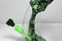 Post Now: Silicone & Glass 9" Horne Bong - Green Glow in the Dark Skulls & 