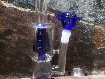 Post Now: 11" Thick Glass Water Rig Perc. Blue Yoda Bowl + Extra Bowl - Gra