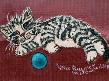 Myydään taidetta: Pieni naivistinen kissamaalaus