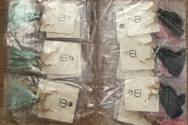 12 pairs of Gold Tone Rhinestone Tassel Dangle Earrings 