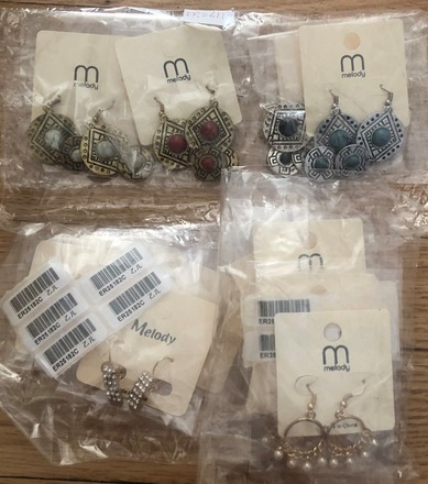 12 pair of Gold, Brass, Silver Tone Metal Dangle Hook Earrings