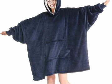 Liquidation/Wholesale Lot: Hoodie Blanket Sweatshirt with Sherpa Lining with Pocket – Navy/B