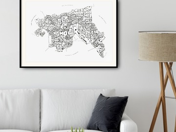  : Framed Black&White Kowloon Typography Map Print on Fine Art Pape