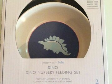 Selling with online payment: Pottery Barn Baby Feed Set Dinosaur Dinner plate bowl Dino blue b