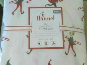Selling with online payment: Pottery barn Elf Shelf flannel twin sheet set organic holiday Chr