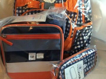 Selling with online payment: Pottery Barn SET Large Gingham BACKPACK + LUNCH BOX + PENCIL ZIP 
