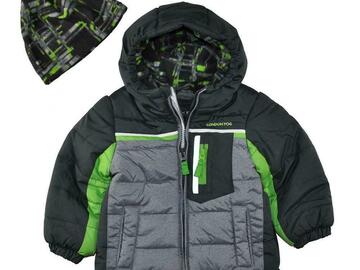 Selling with online payment: London Fog Infant Boys Grey & Green Coat With Fleece Beenie Size 