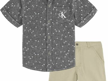 Selling with online payment: Calvin Klein Boys 2 Pieces Grey Chambray Shirt Short Set Size 4 5